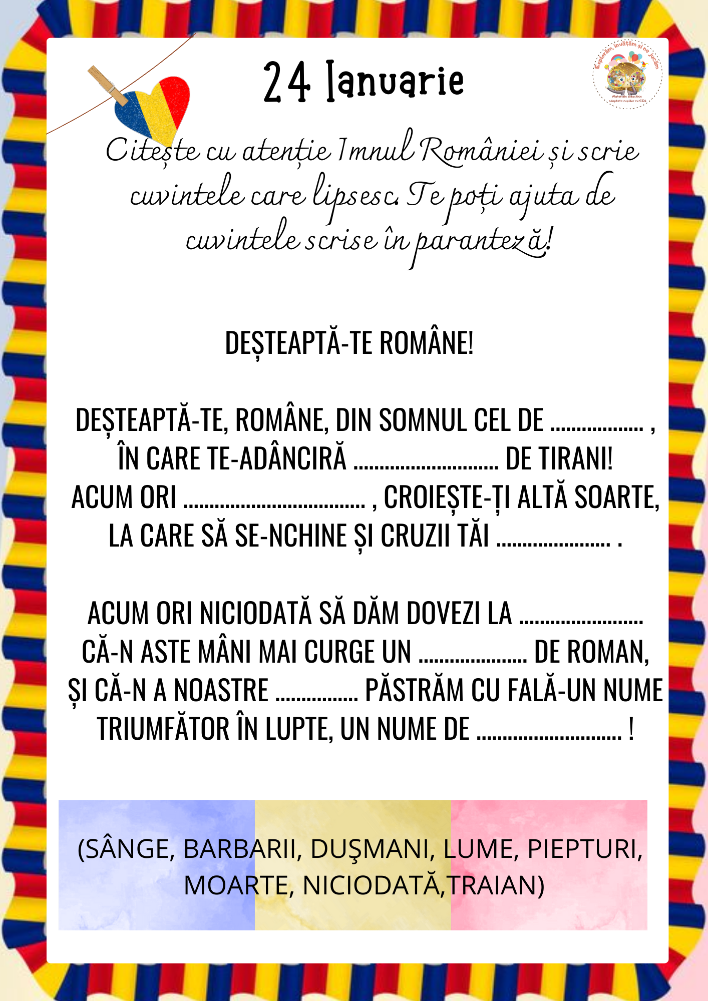 Fișe de lucru pentru 24 Ianuarie - Ziua Unirii Principatelor Române