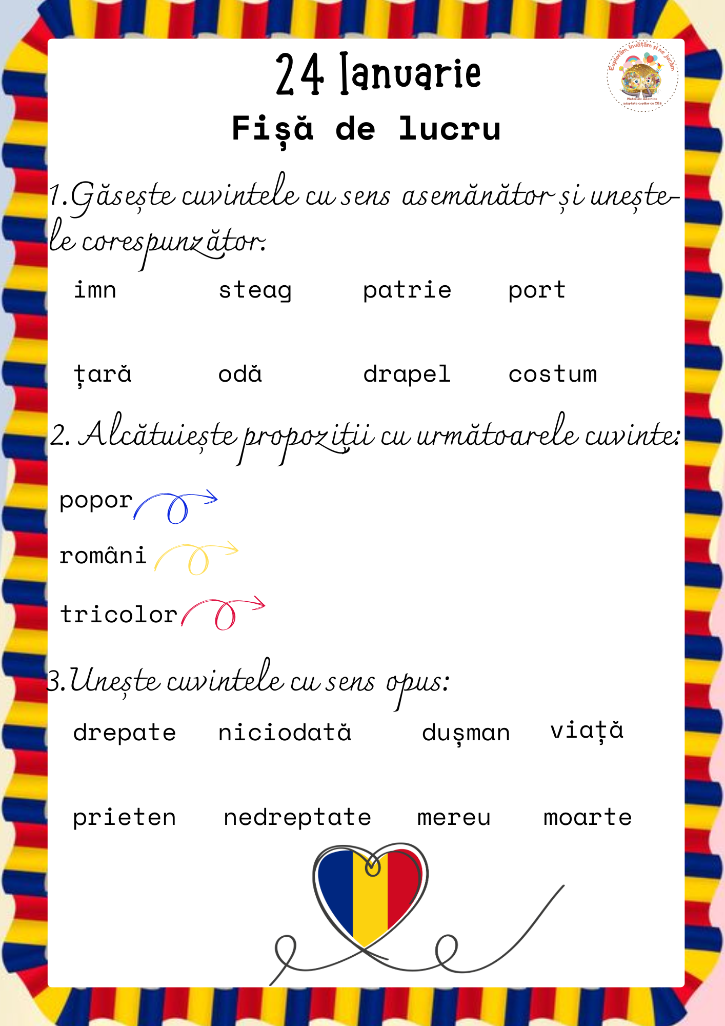Fișe de lucru pentru 24 Ianuarie - Ziua Unirii Principatelor Române
