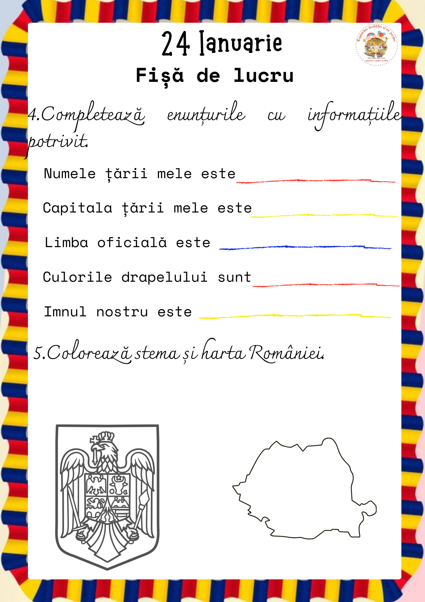 Fișe de lucru pentru 24 Ianuarie - Ziua Unirii Principatelor Române